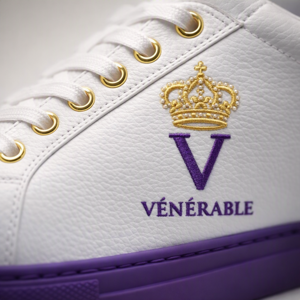 Baskets VÉNÉRABLE SON ALTESSE — détail broderie couronne dorée et semelle violette