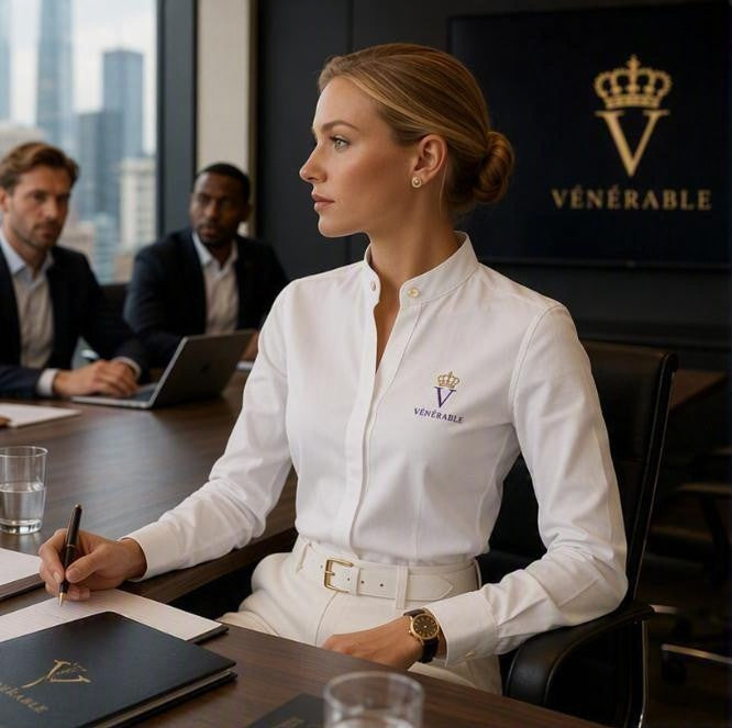 Chemise SON ALTESSE – Édition MAO — portée dans un cadre professionnel. Maison VÉNÉRABLE.