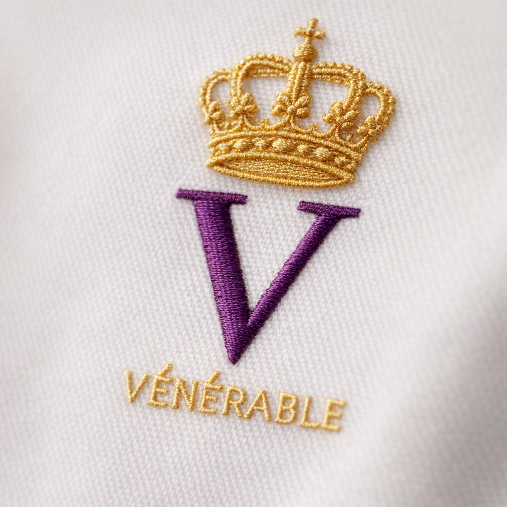 Chemise blanche premium homme col italien VÉNÉRABLE SON ALTESSE Édition Exécutive — détail broderie couronne dorée