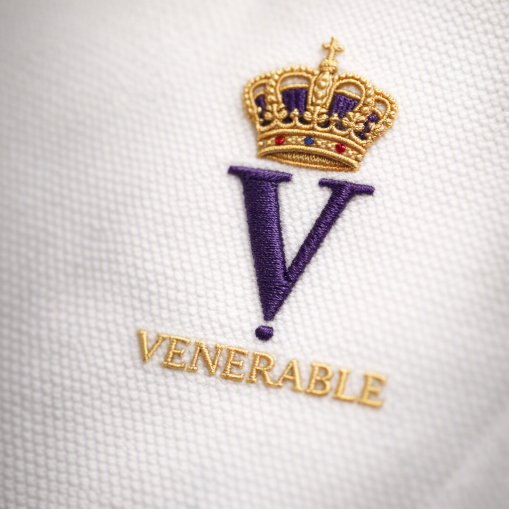 Polo blanc piqué premium homme VÉNÉRABLE SON ALTESSE Impérial — détail broderie couronne dorée