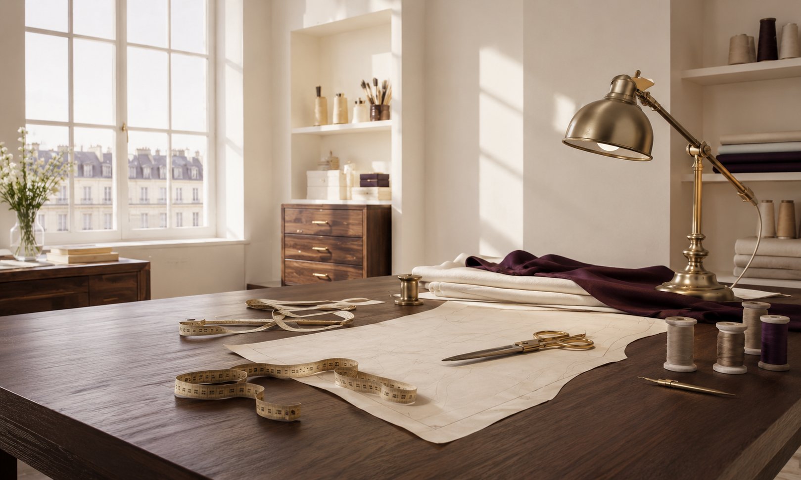 Atelier de tailleur au crépuscule, table de coupe et outils de mesure