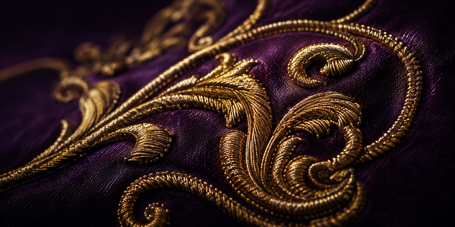 Broderie de fil d'or sur soie violette, détail du monogramme VÉNÉRABLE