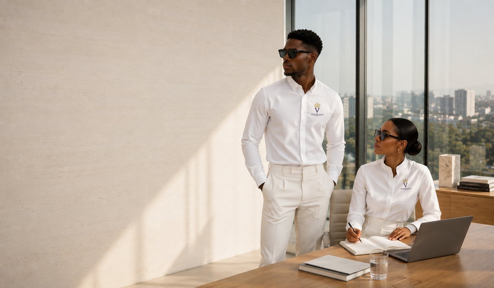 Deux jeunes professionnels en chemises blanches VÉNÉRABLE, monogramme V couronné brodé, dans un bureau lumineux