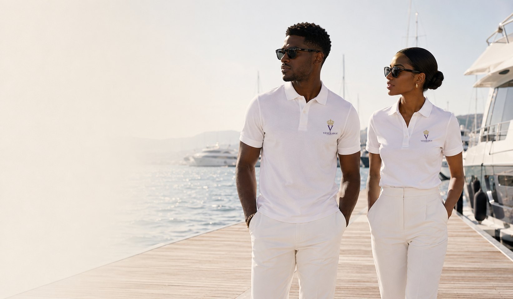 Couple en polos blancs VÉNÉRABLE au monogramme V couronné, sur un quai de marina en été
