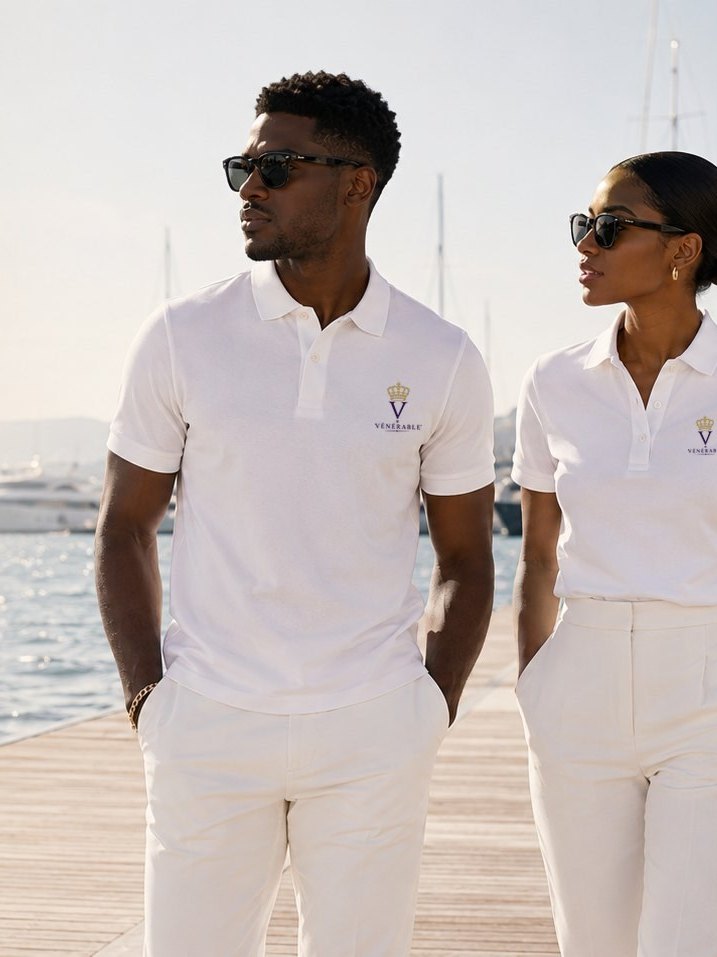 Polos blancs VÉNÉRABLE au monogramme V couronné, quai de marina