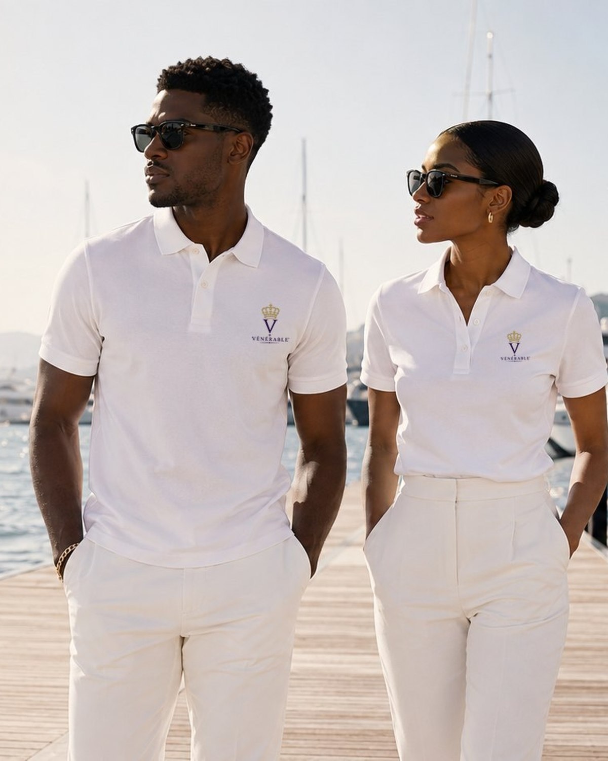 Polos blancs VÉNÉRABLE au monogramme brodé, portés au bord de l eau